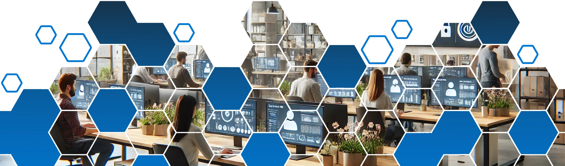 Panoramic view of professionals collaborating in a modern workspace with advanced security tools on their screens.