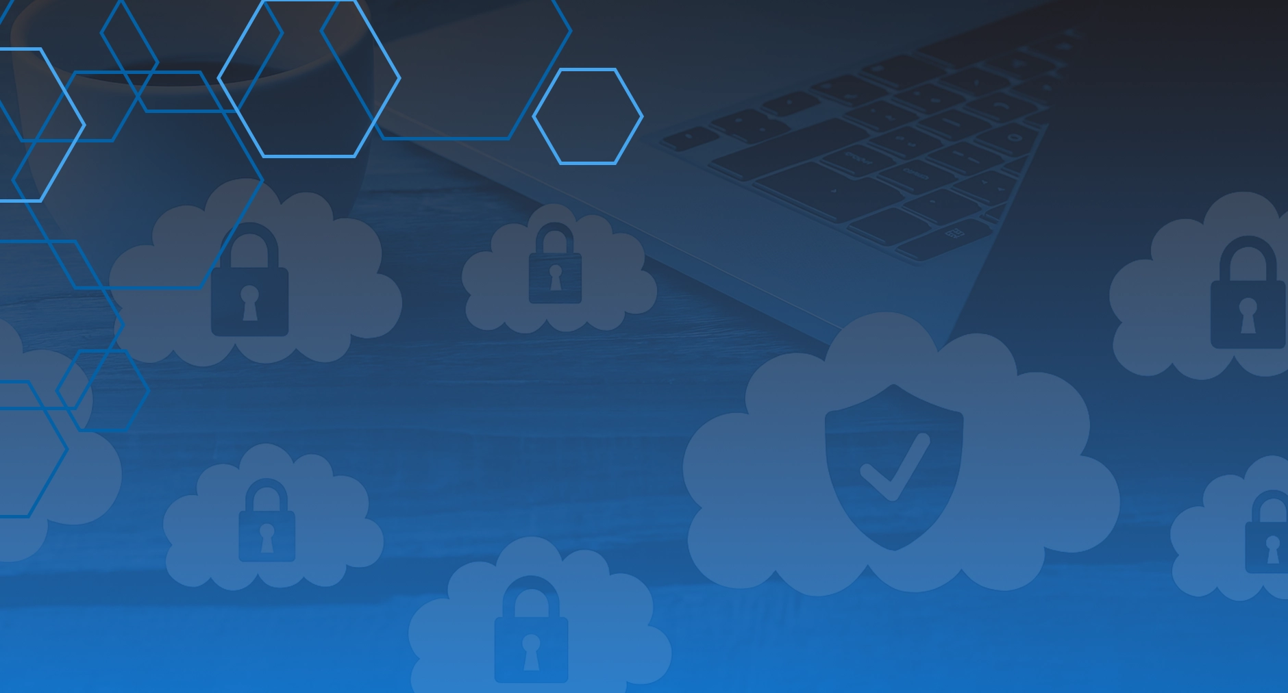 Laptop with cloud icons and security padlocks in a blue digital background