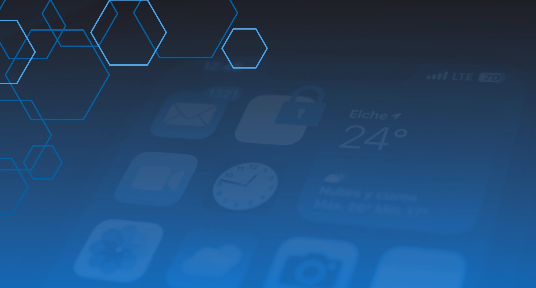 Smartphone home screen with weather widget and icons, blue overlay background