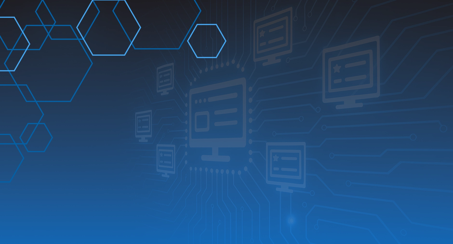 Digital network of computer screens on a blue circuit background with hexagonal overlay