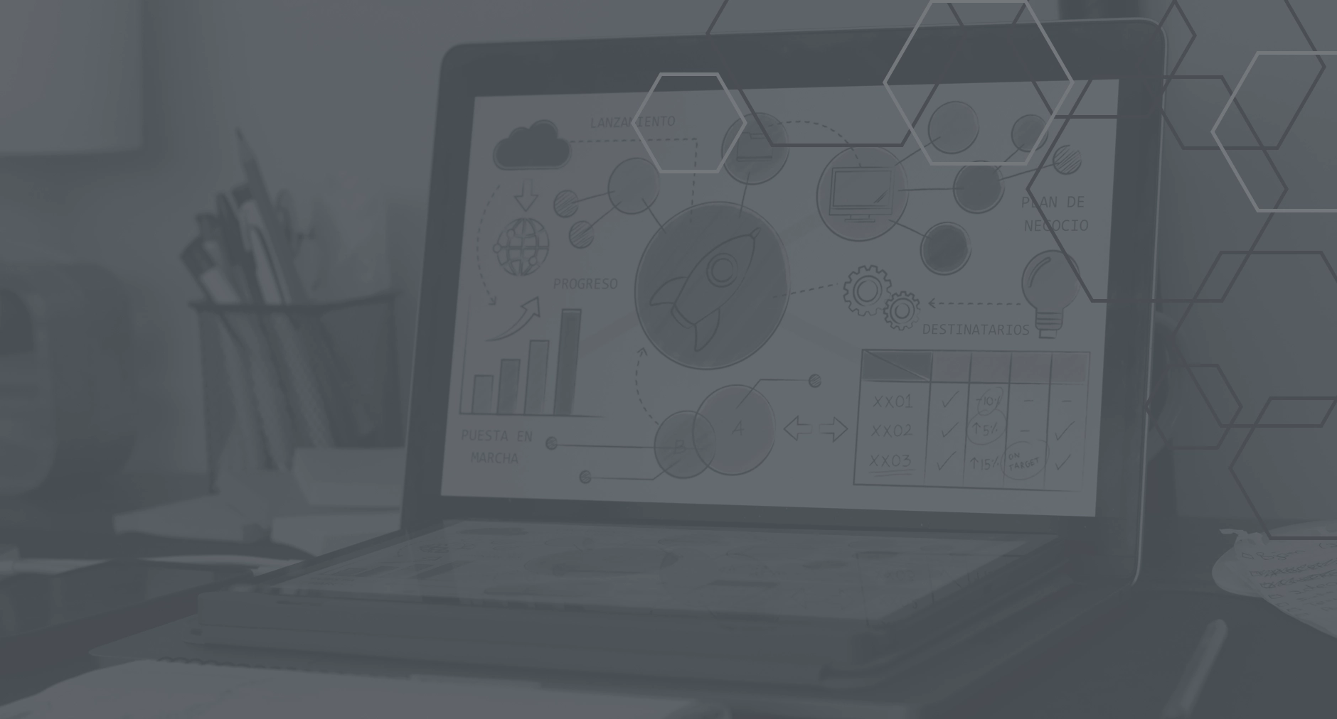 Laptop displaying a colorful business plan diagram with a dark grey overlay and hexagonal elements