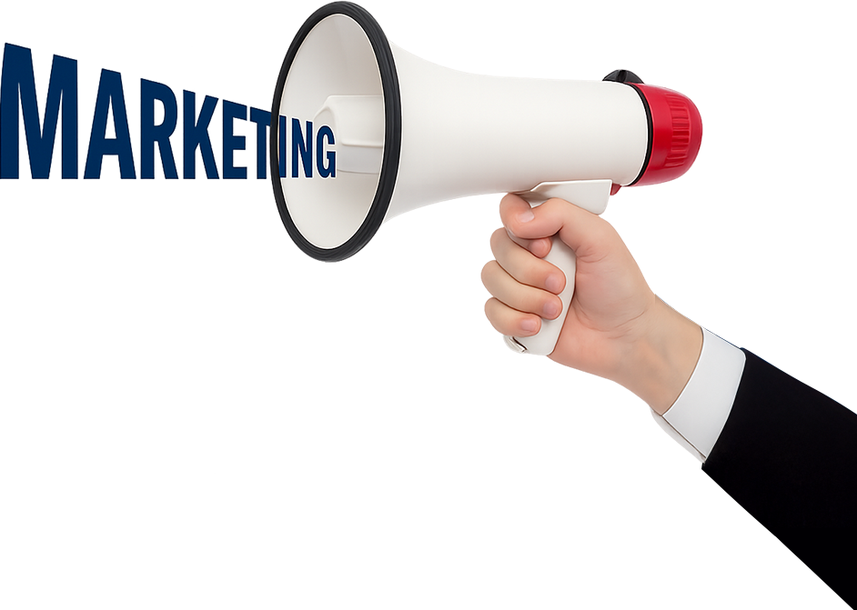 Hand holding a megaphone projecting the word “MARKETING”