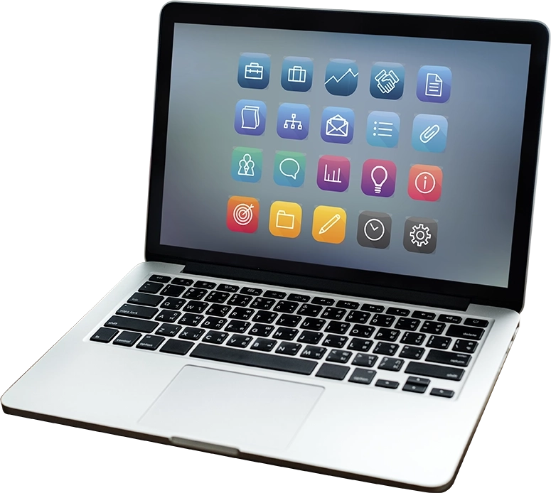 Laptop with colorful app icons displayed on screen