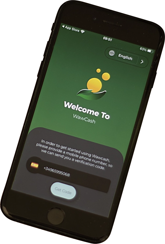 Smartphone displaying WawCash welcome screen with verification prompt