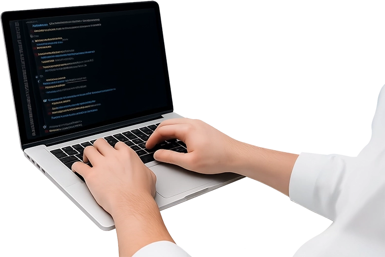 Person coding on a laptop with a dark theme text editor