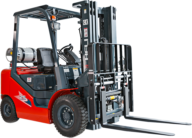 Industrial forklift truck in red and black color for heavy material handling
