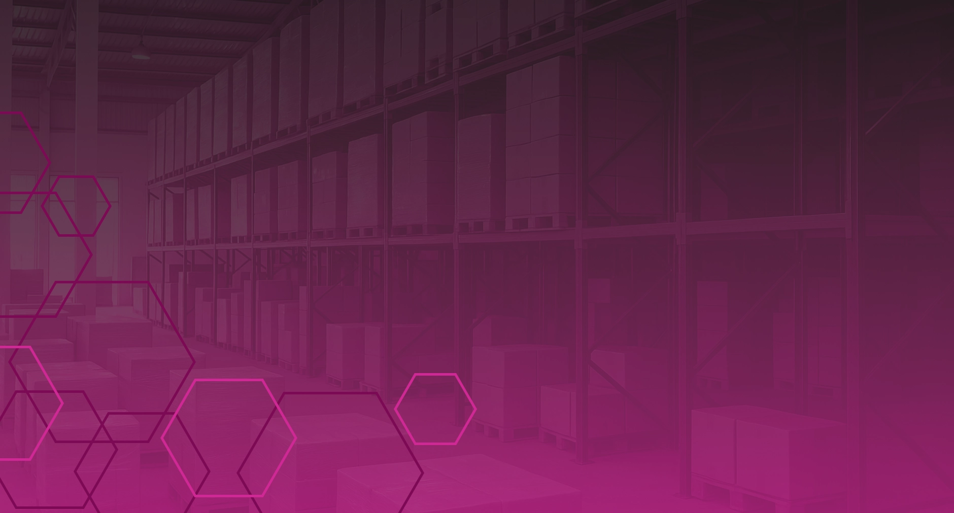 Warehouse interior with storage racks and magenta geometric overlay