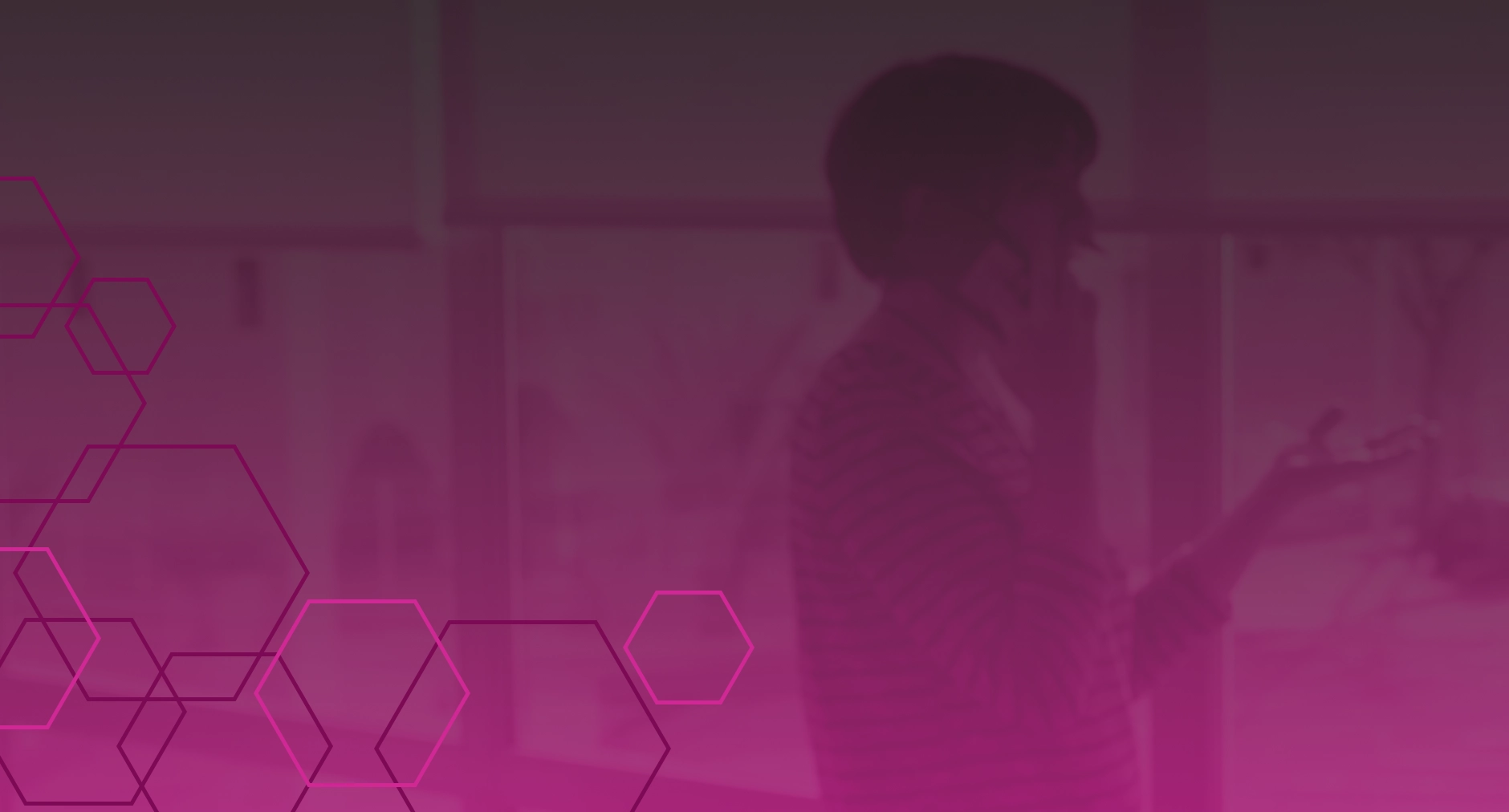 Silhouette of a person talking on the phone in front of a window with a pink gradient overlay