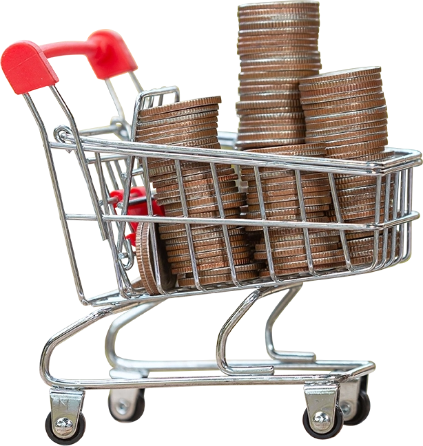 Mini shopping cart filled with stacked coins