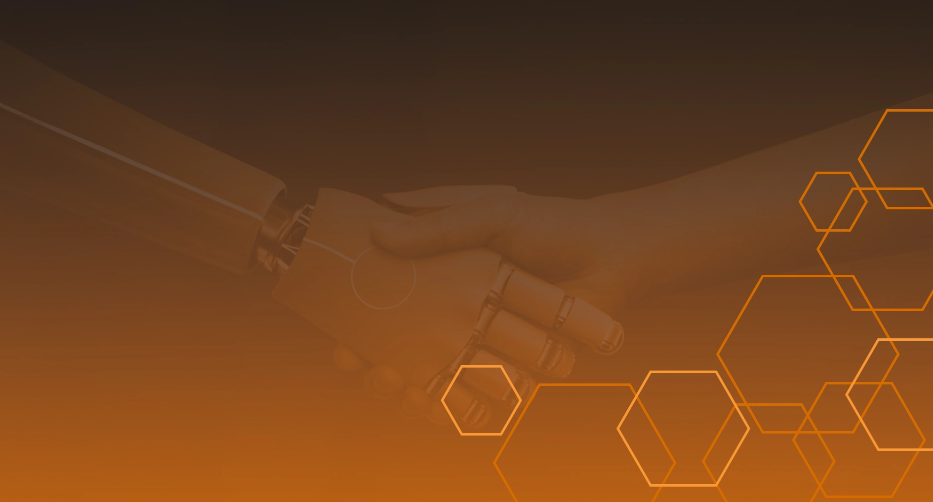 Human hand shaking a robotic hand over orange gradient