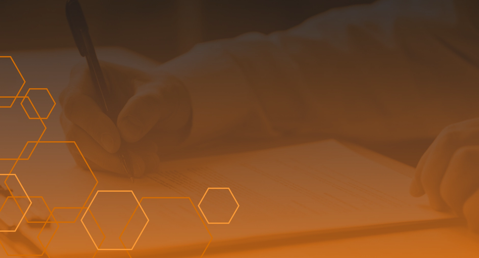 Person writing on a document with pen over orange overlay