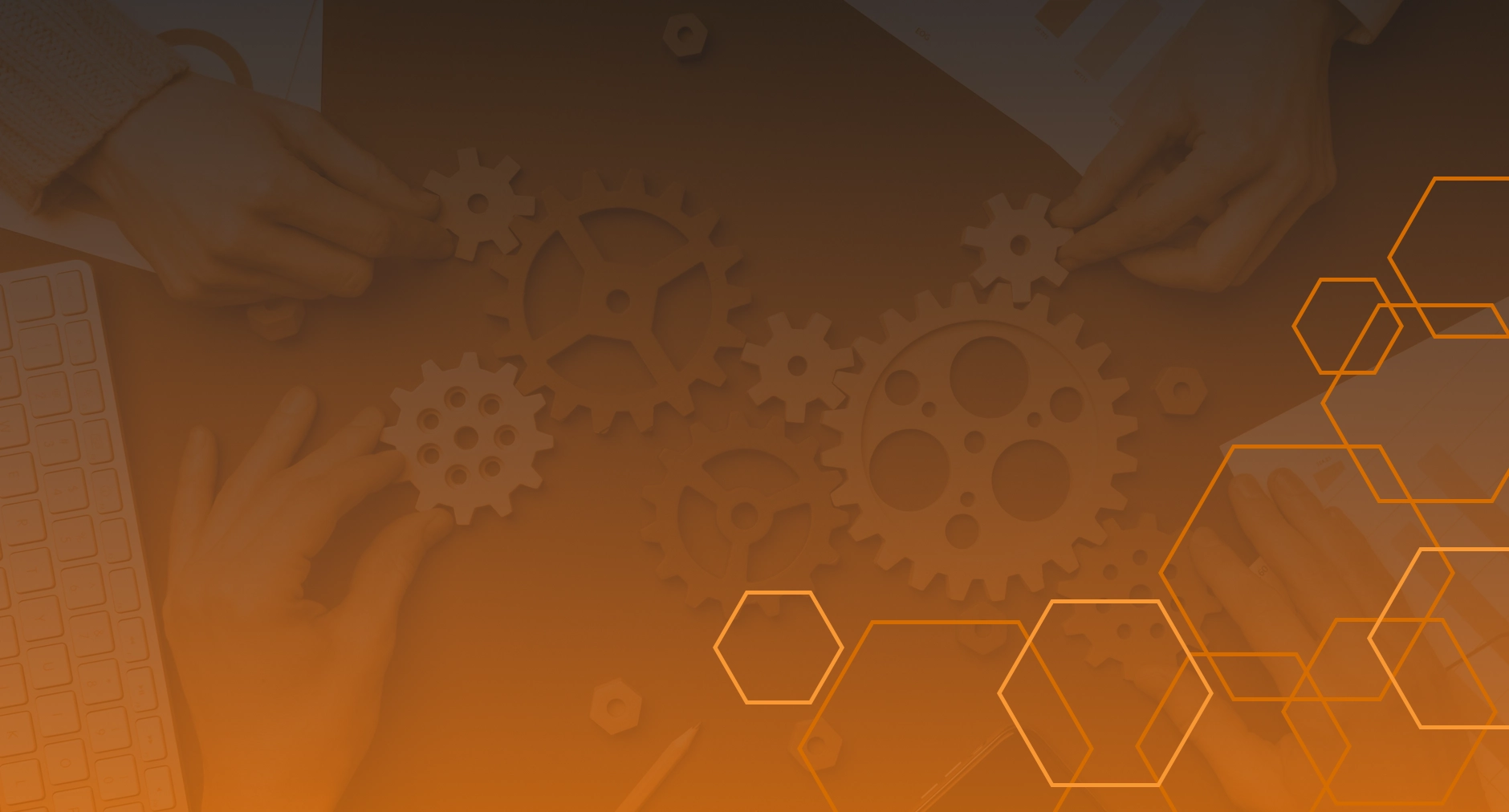 Hands assembling wooden gears symbolizing teamwork and system integration