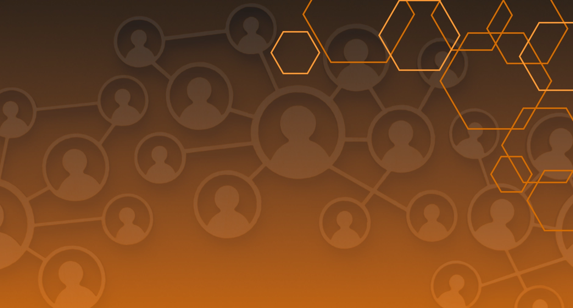 Connected user icons forming a digital network on an orange background