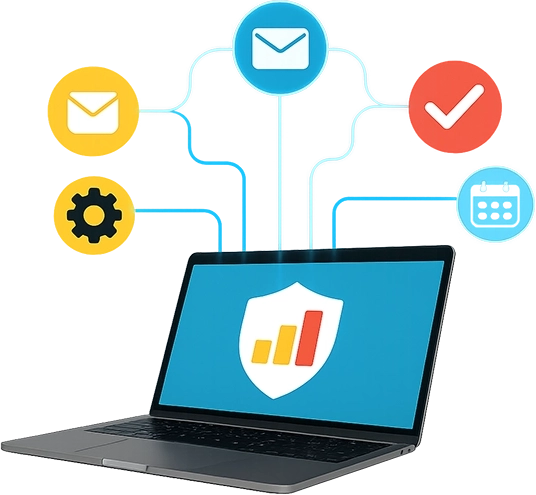 Laptop with data security icon connected to email, calendar, tasks, and settings symbols