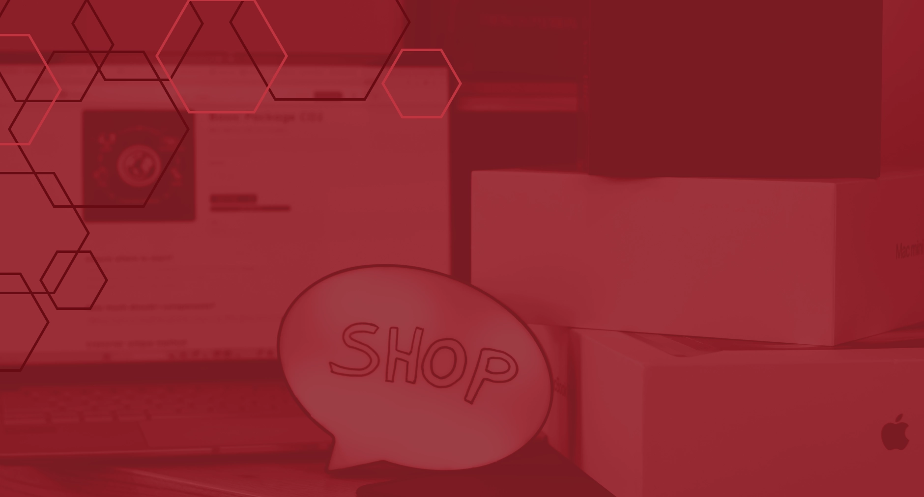 Online shopping scene with boxes and a “SHOP” speech bubble on a red overlay
