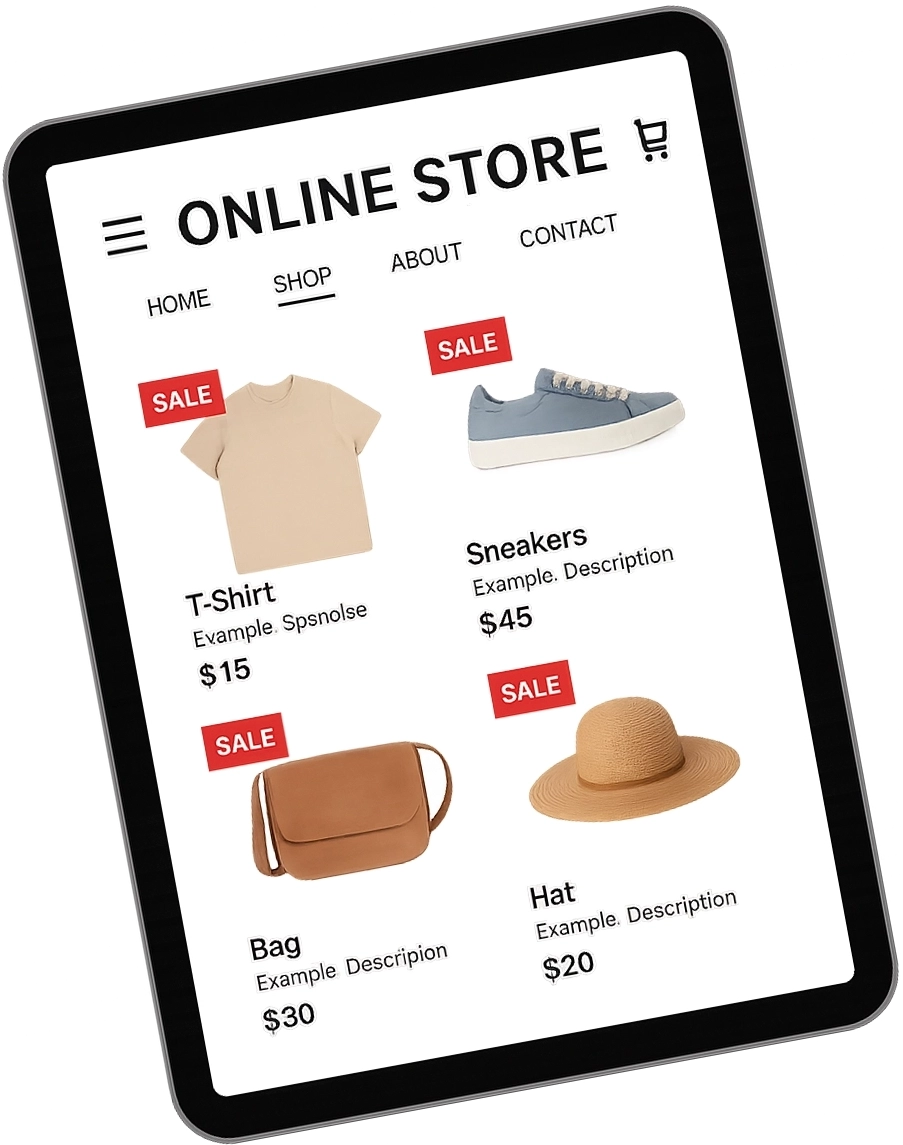 Tablet displaying an online store with clothing and accessories on sale