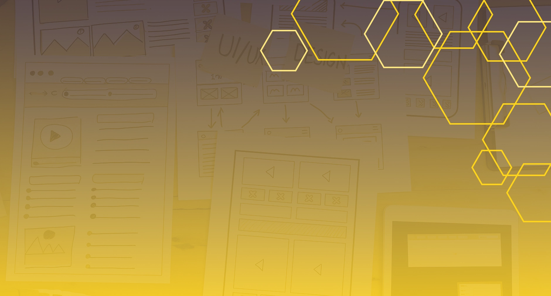 Wireframe sketches for a user interface design with yellow overlay