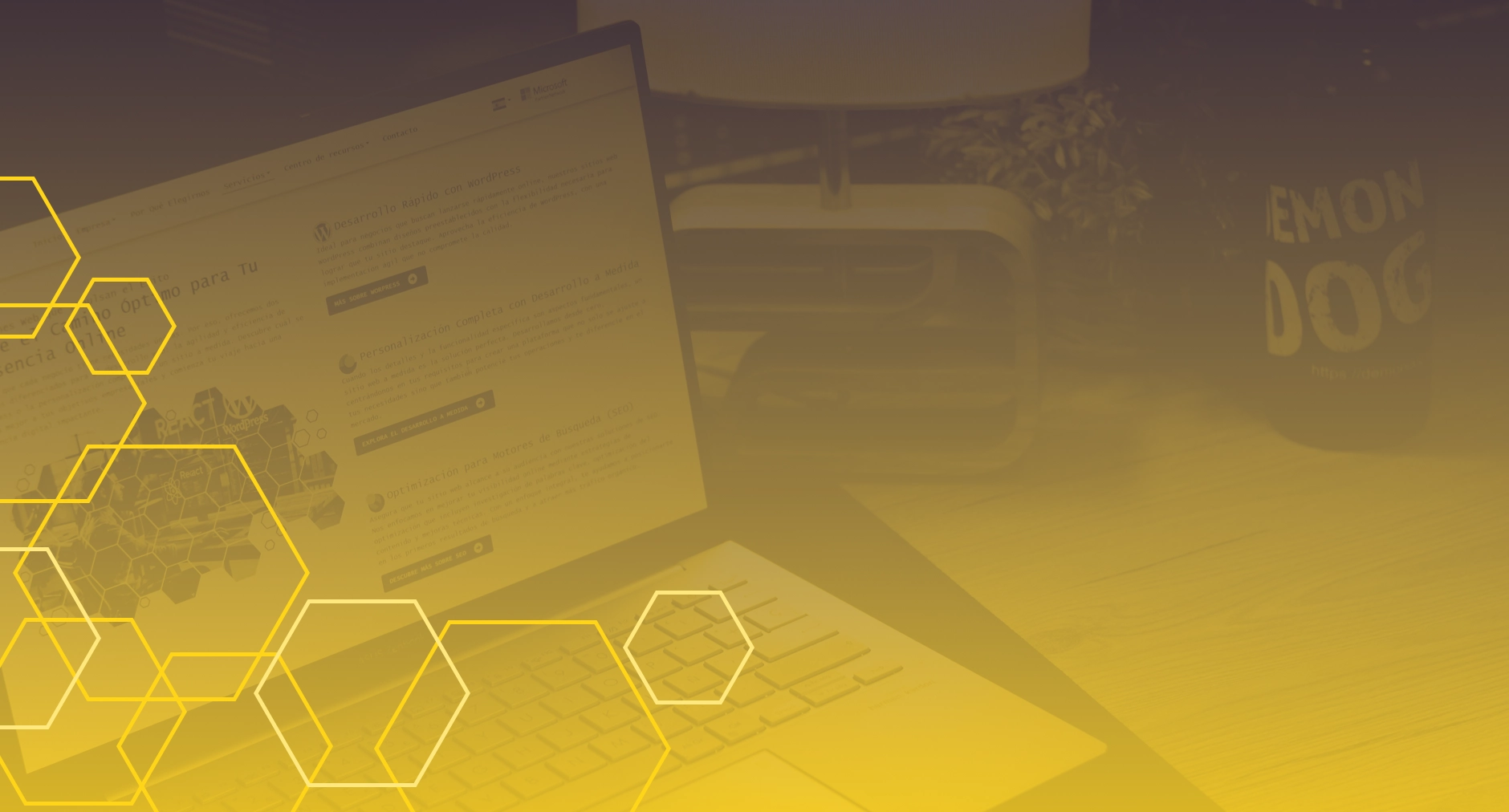 Background image with a laptop, hexagonal design elements, and DEMON DOG branding