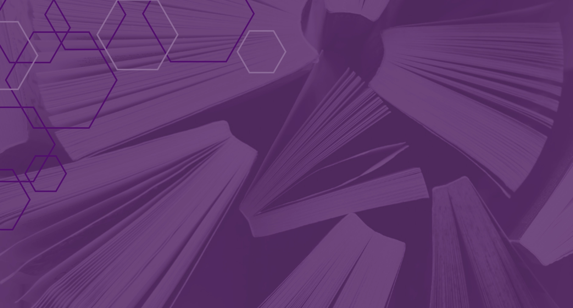 Open books scattered and layered with a purple overlay and geometric accents