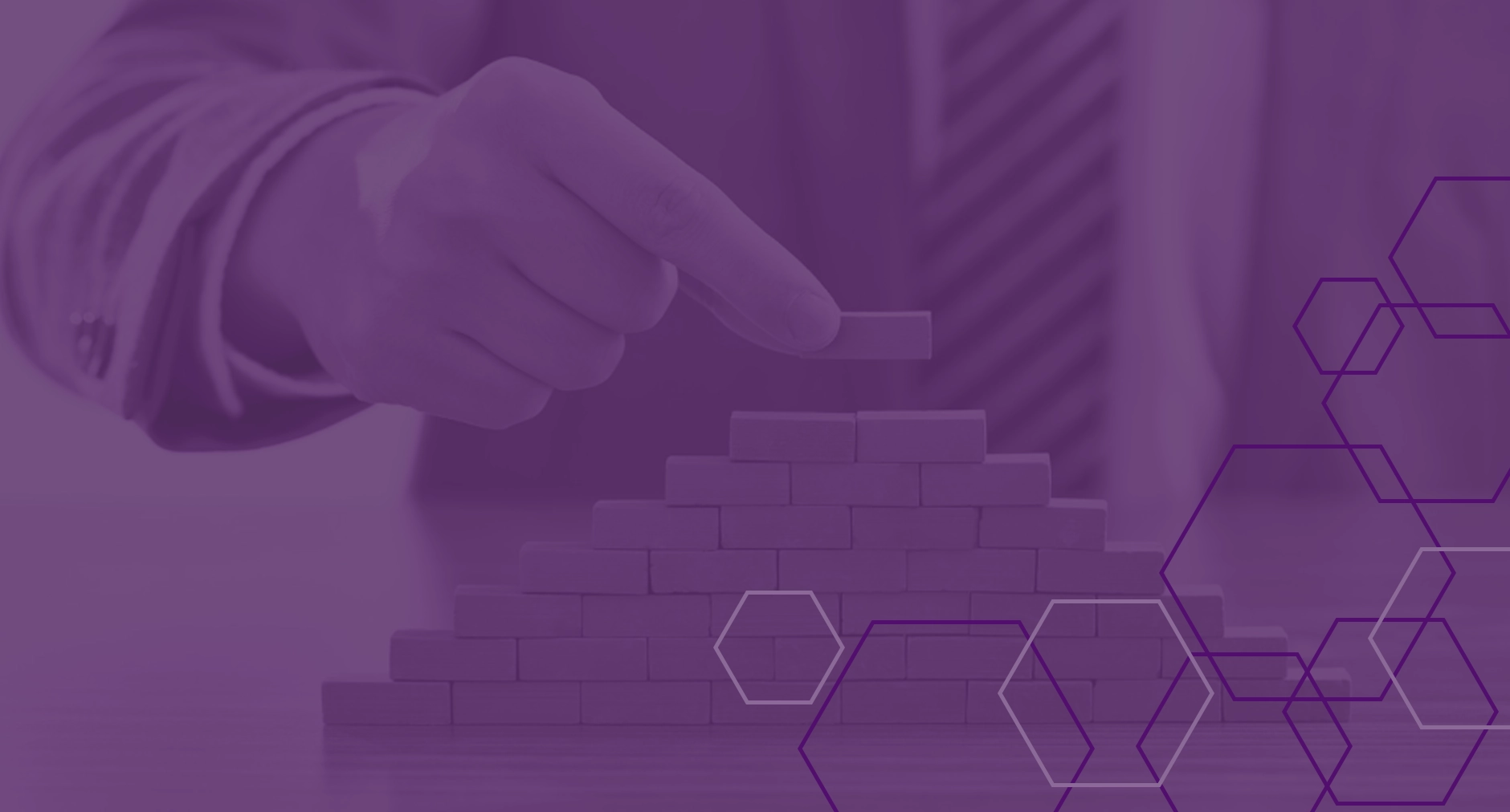 Businessman building a pyramid with wooden blocks, purple overlay