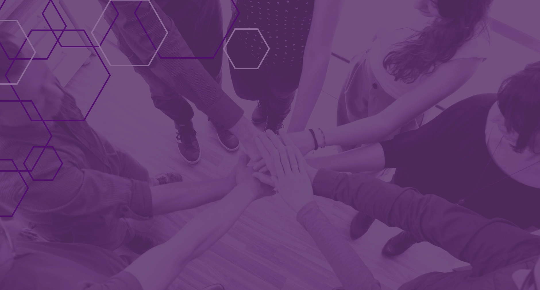 Team members joining hands in unity, top view, purple overlay